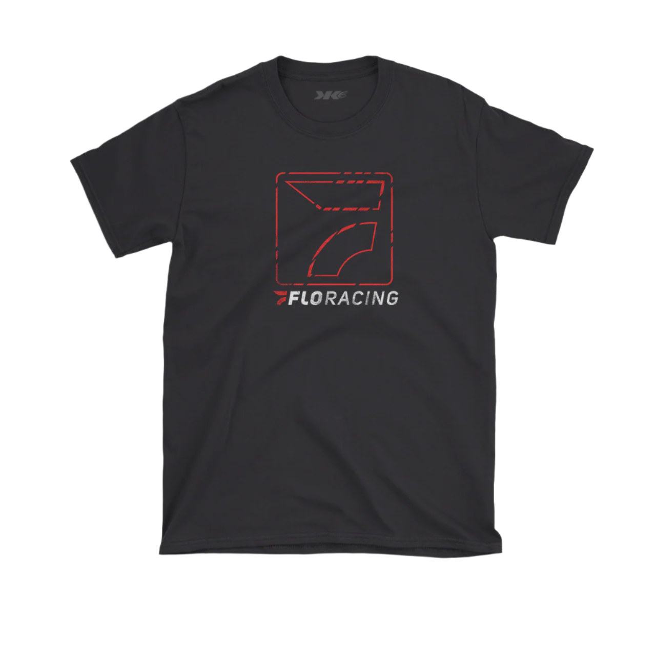 A black crew neck t-shirt with a graphic design on the front that includes the text 'FLORACING' within a stylized rectangular outline.