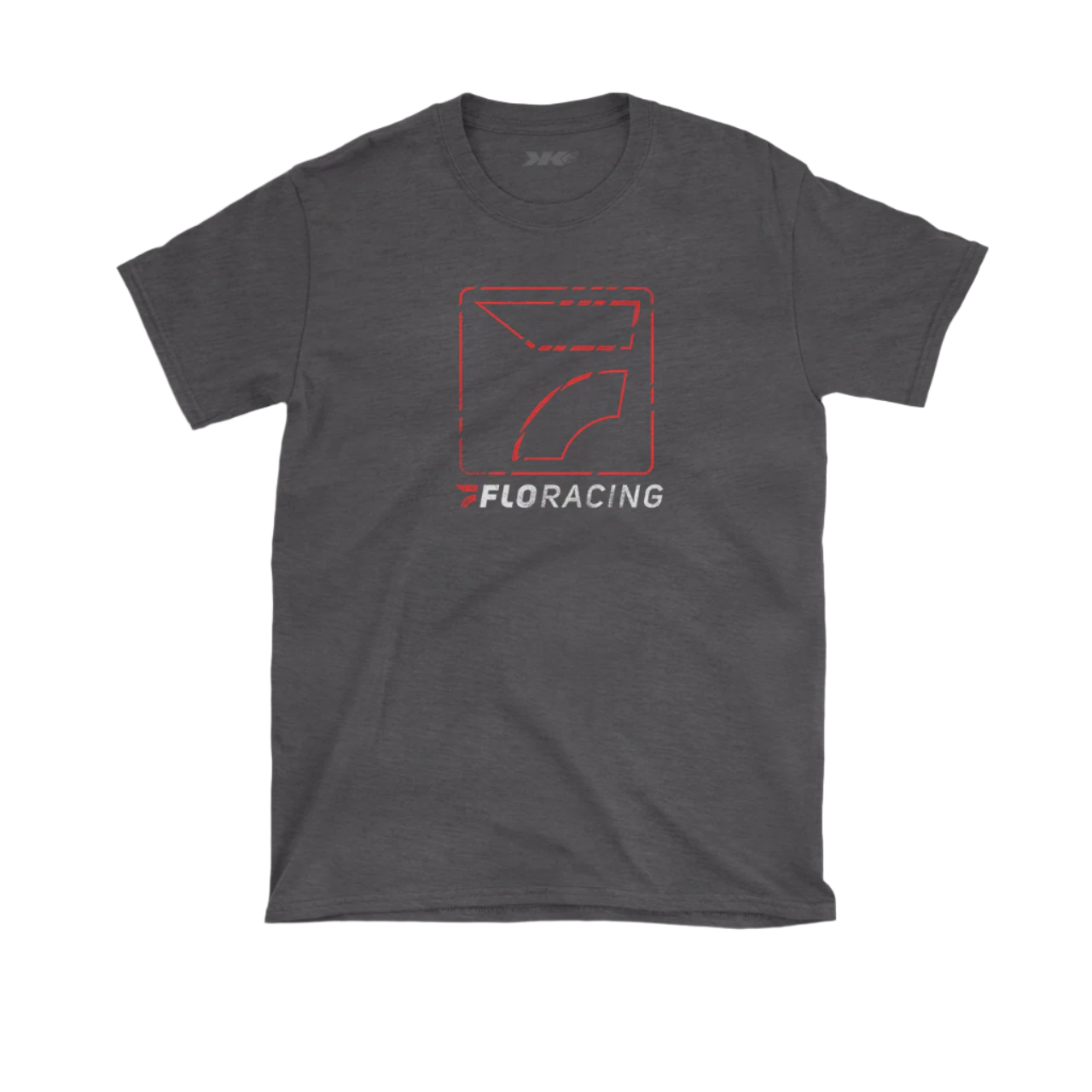 A gray crew neck t-shirt with a graphic print of a square and the text 'FLORACING' on the front.
