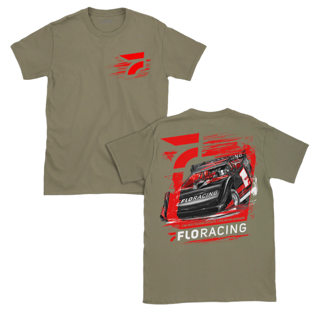 A light olive colored t-shirt with a racing event theme, featuring a Flo Hawk on the front and a late model on the back, along with the text 'FLORACING' on the lower part.