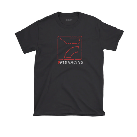 A black crew neck t-shirt with a graphic design on the front that includes the text 'FLORACING' within a stylized rectangular outline.