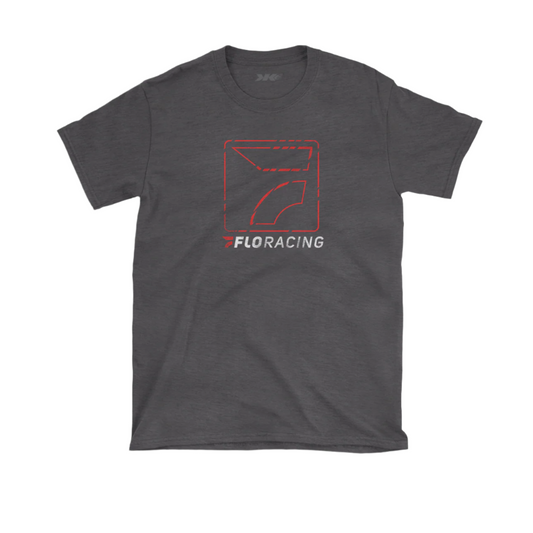 A gray crew neck t-shirt with a graphic print of a square and the text 'FLORACING' on the front.