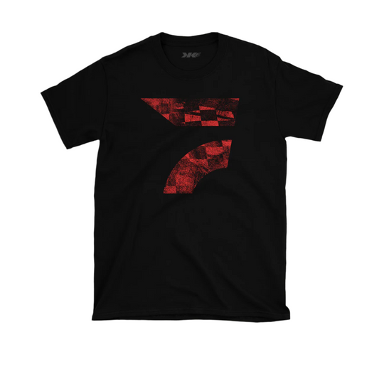 Black t-shirt with a distressed checkered pattern and a signature Flo Hawk logo on the front.