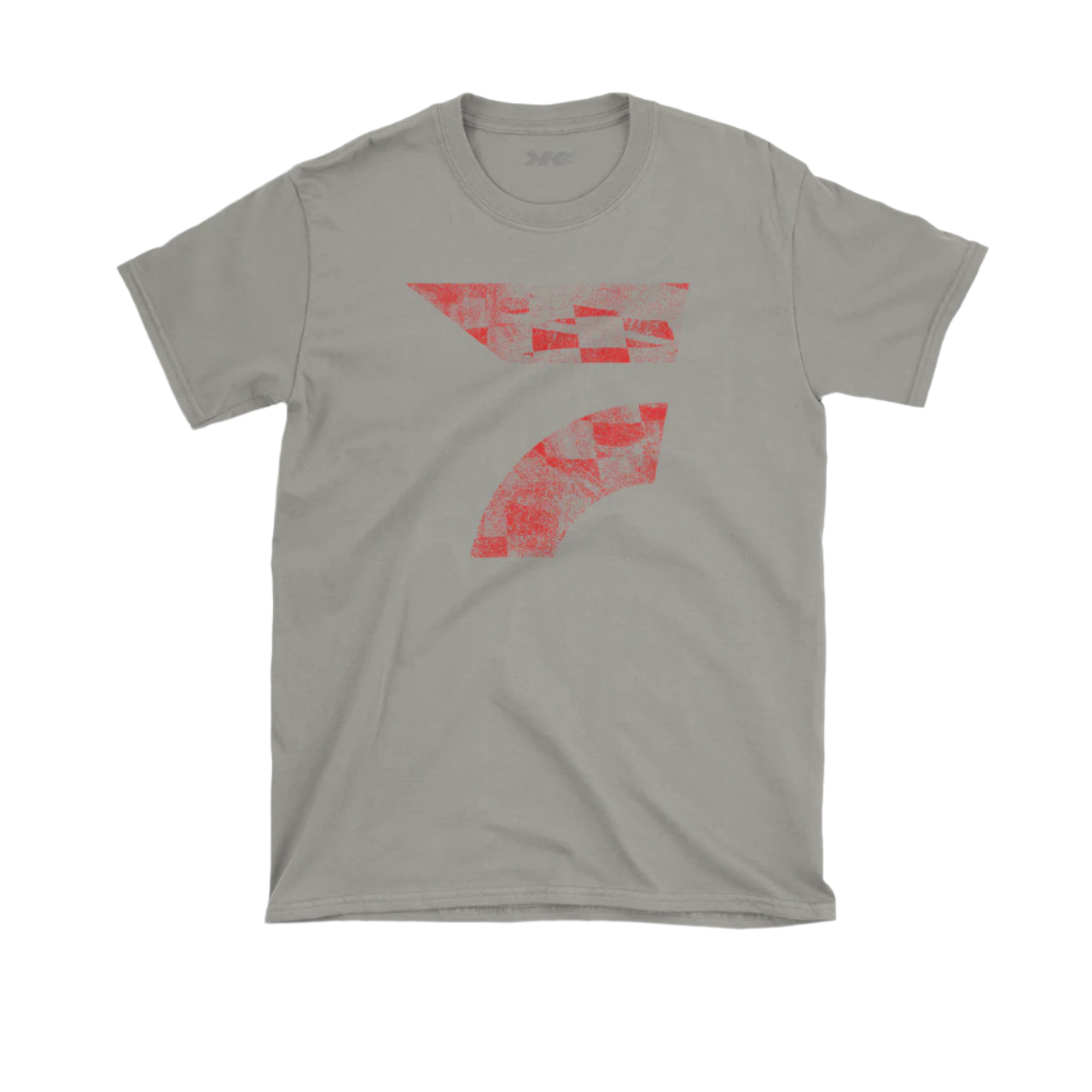 Light grey t-shirt with a distressed checkered pattern and a signature Flo Hawk on the front.