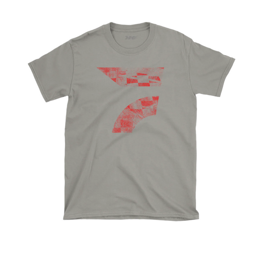 Light grey t-shirt with a distressed checkered pattern and a signature Flo Hawk on the front.