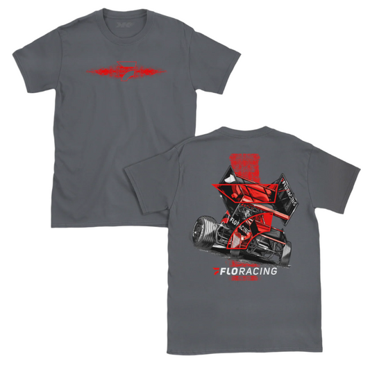 Two gray t-shirts, one with a generic design and one featuring a bold sprint car graphic along with the text 'FLORACING'.
