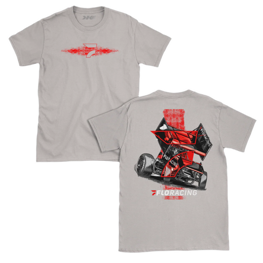 A silver t-shirt with a front print of a sprint car design and the text 'FLOracing' below it.