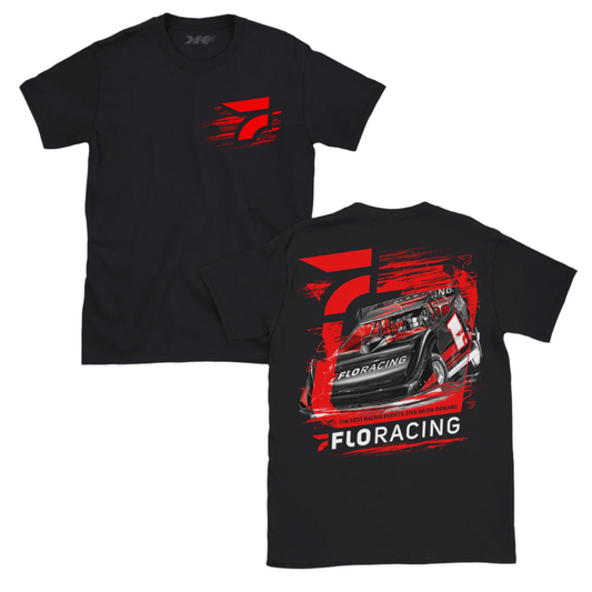 A black t-shirt with a racing-themed graphic design featuring a race car and the text 'FLORACING' on the front.