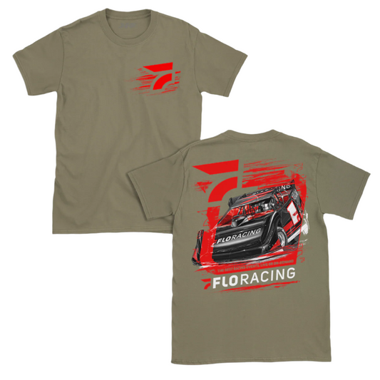 A light olive colored t-shirt with a racing event theme, featuring a Flo Hawk on the front and a late model on the back, along with the text 'FLORACING' on the lower part.